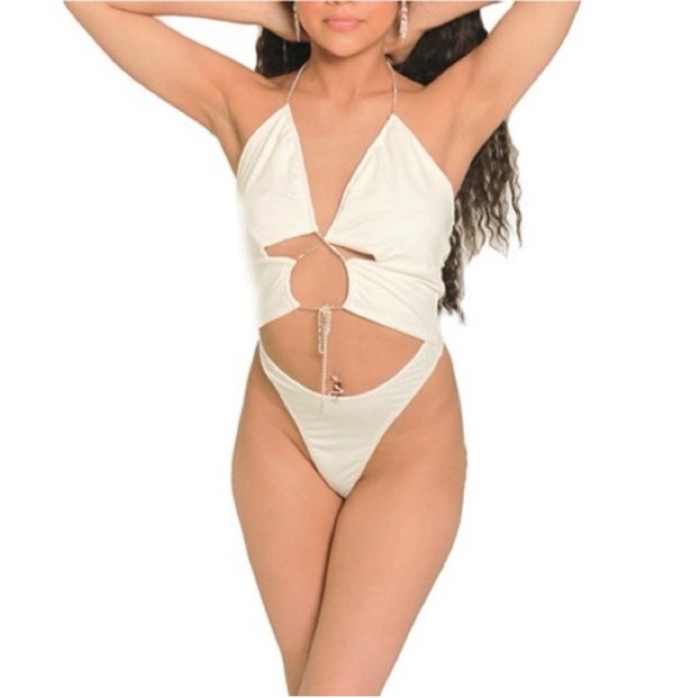 "Let's Rhine Down" White Thong
Bodysuit with Rhinestone Tie Front - S, M & Large
